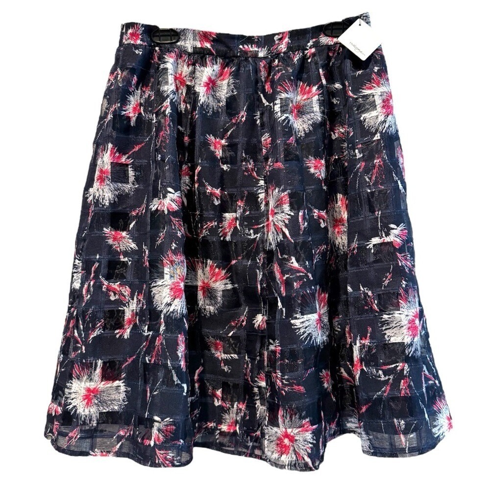 Halogen Skirt Navy Pink NWT Cocktail Floral Grid Sheer Overlay Women 10P‎